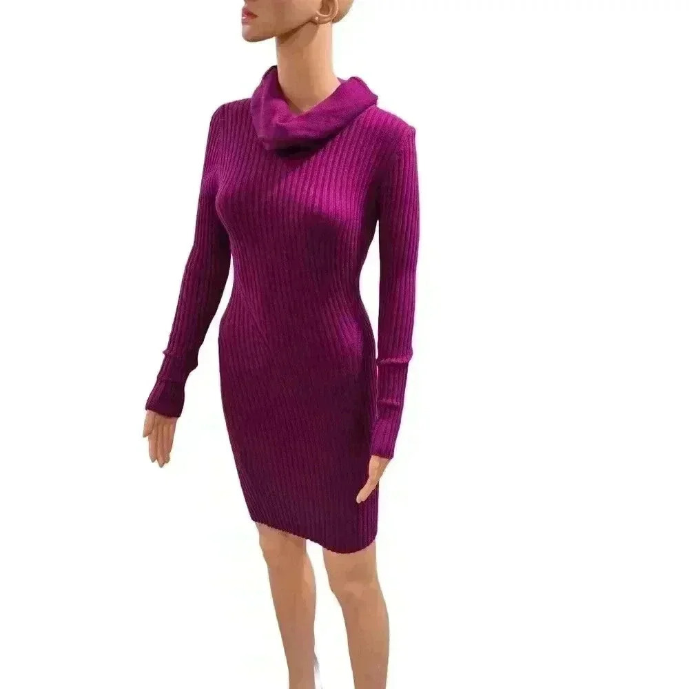 Cozy Ribbed Knit Cowl Neck Sweater Dress - Fuchsia